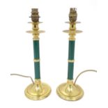 A pair of gilt metal column formed table lamps with green detail. Approx. 14 1/2" high (2) Please