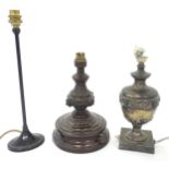 Three assorted table lamps to include one of urn form with silver plate decoration, etc. Largest