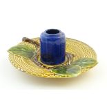A Bosh majolica inkwell / match keep / toothpick holder, the central pot flanked by apple leaf
