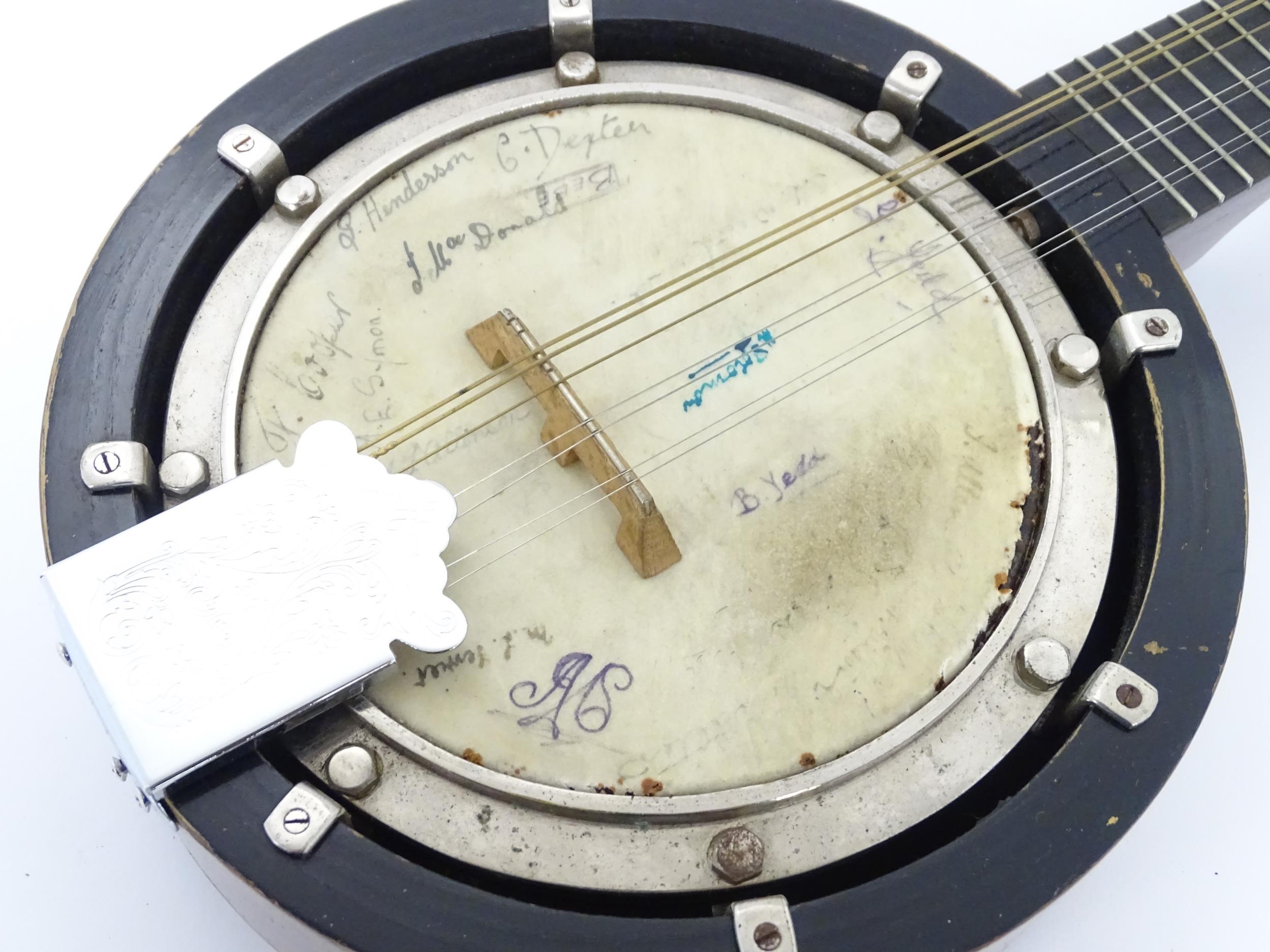 Musical Instrument: a mid 20thC cased Banjo Mandolin, the head bearing various autographs, approx - Image 4 of 8