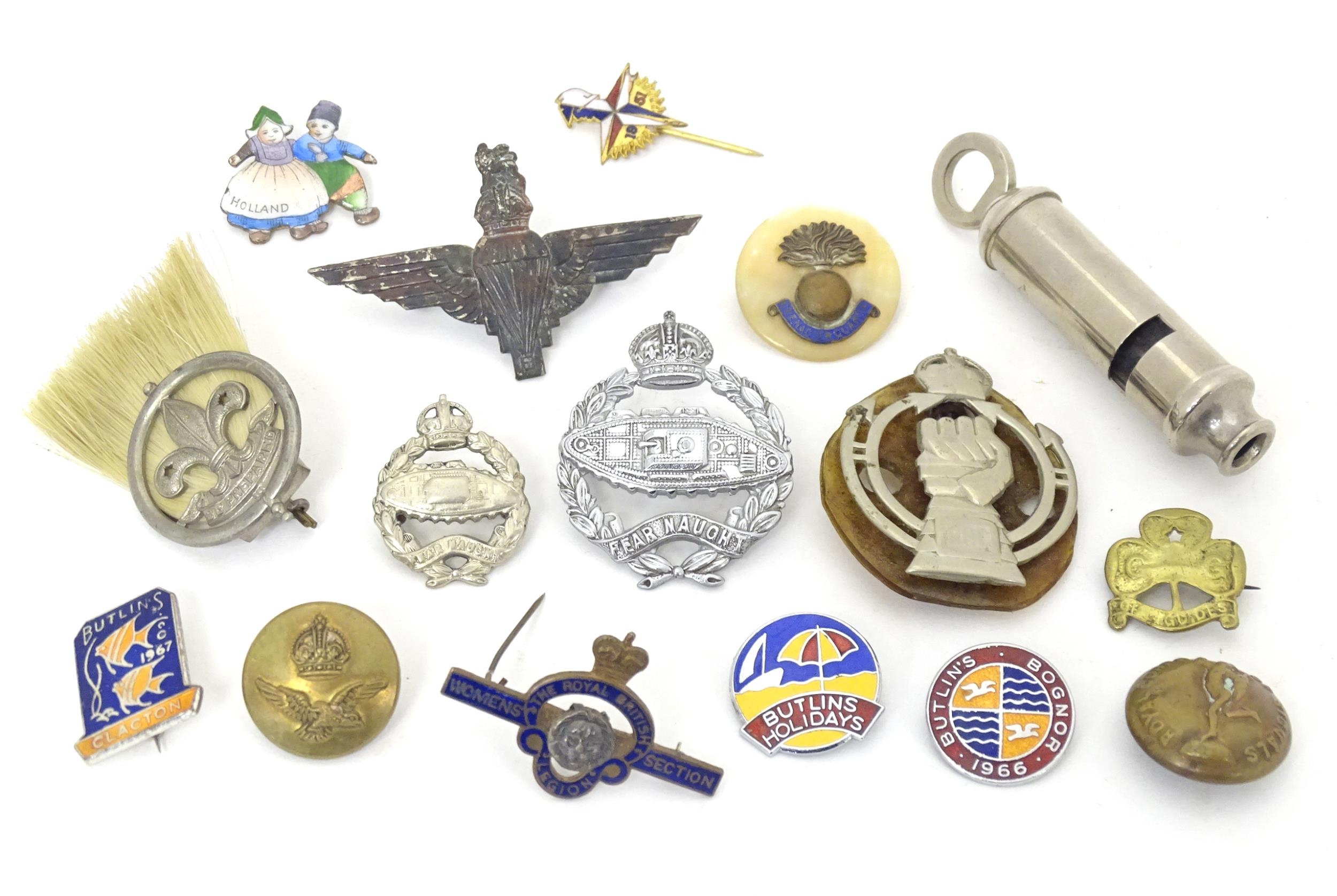 Militaria: a quantity of military and civilian pin badges, including a cWW2 Parachute Regiment cap