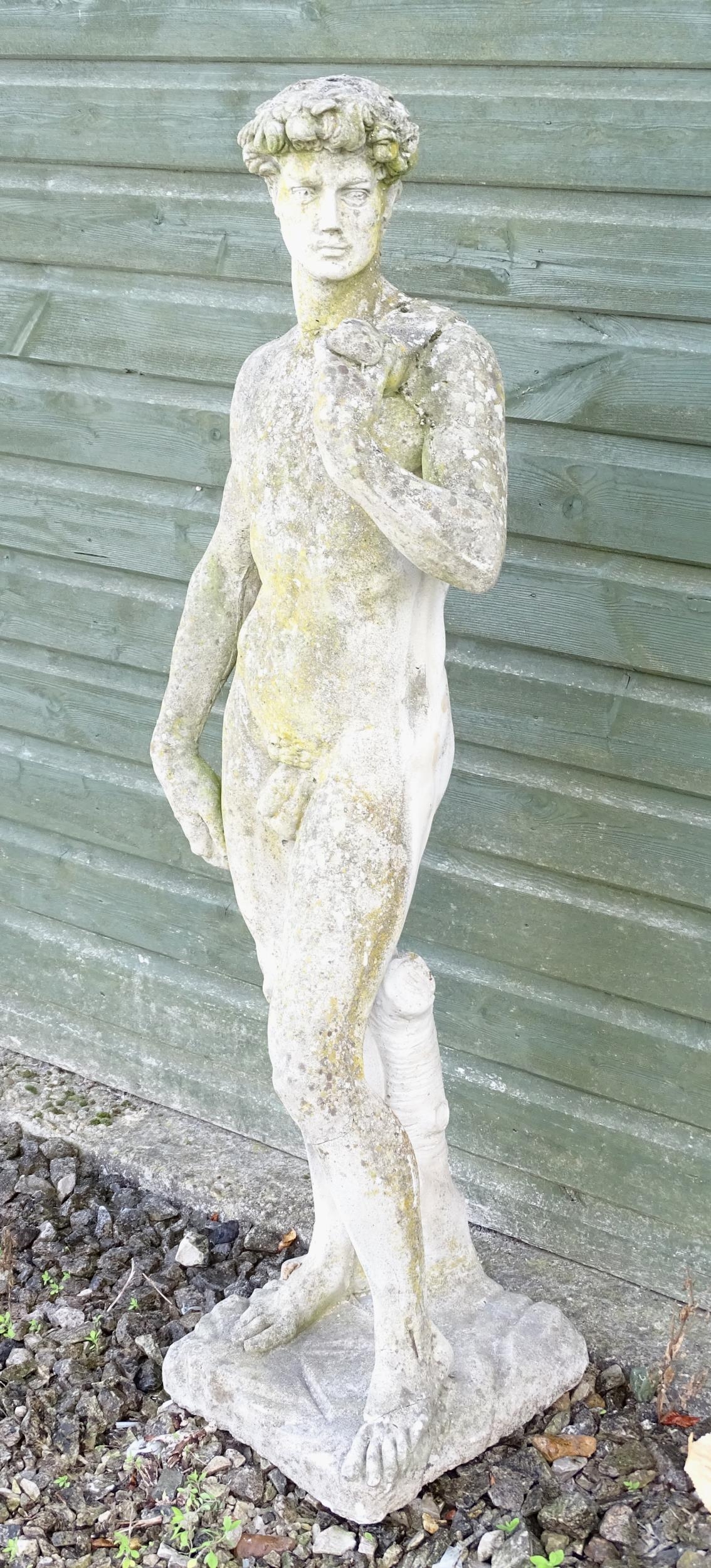 A 20thC composite stone garden statue of a Classical male figure, after Michelangelo's David. - Image 5 of 8