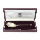 A silver replica of a 16thC cone / fruitlet knop spoon, hallmarked London 1984, maker Asprey & Co.