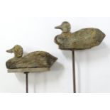 A pair late 19th / early 20thC naive / primitive hand carved wooden Fenland decoy ducks, mounted