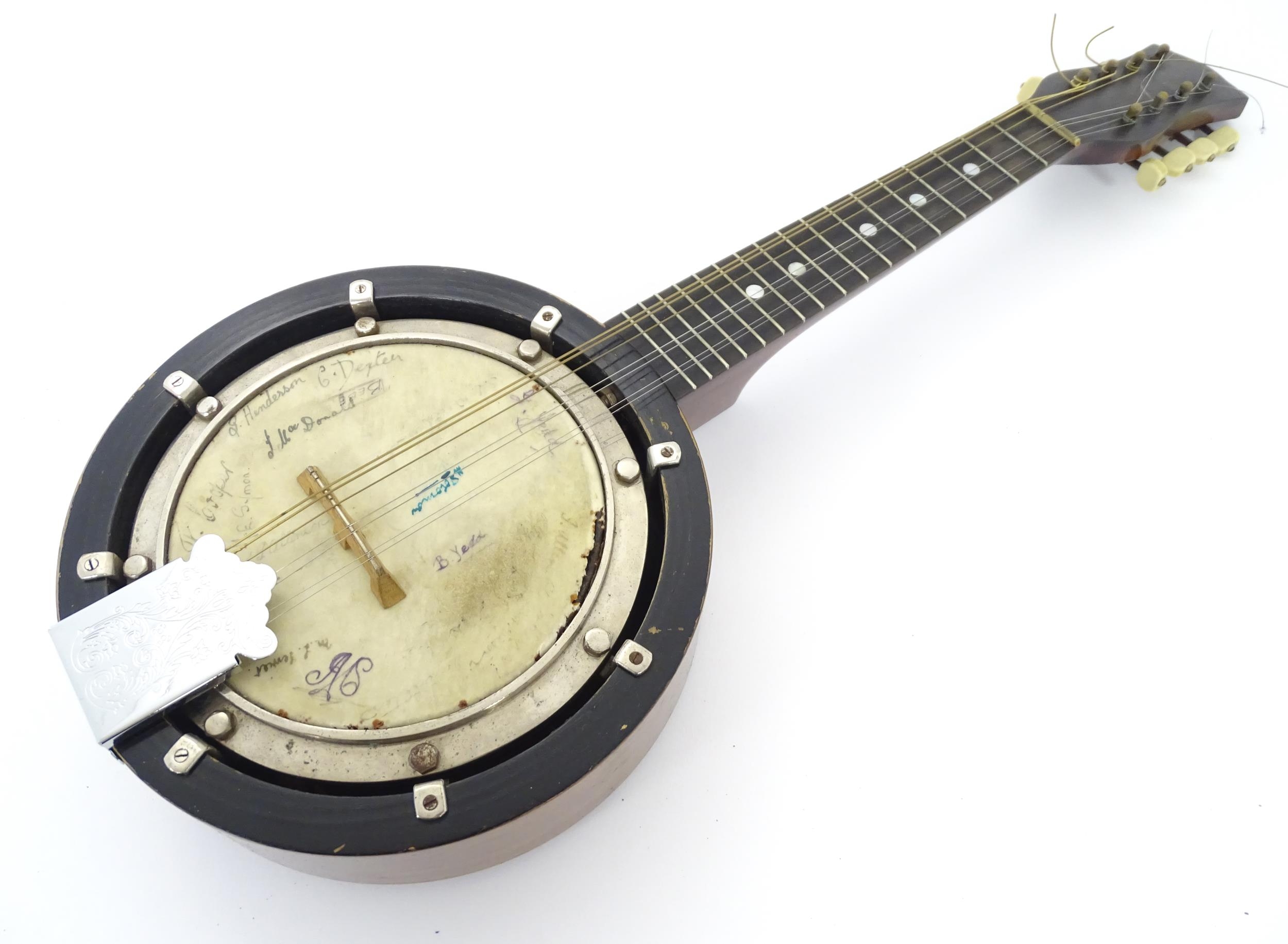 Musical Instrument: a mid 20thC cased Banjo Mandolin, the head bearing various autographs, approx - Image 3 of 8