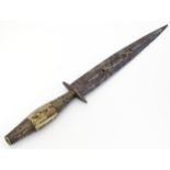A 19thC Spanish Albacete dagger, the dual edged steel blade with reticulated medial ridge and