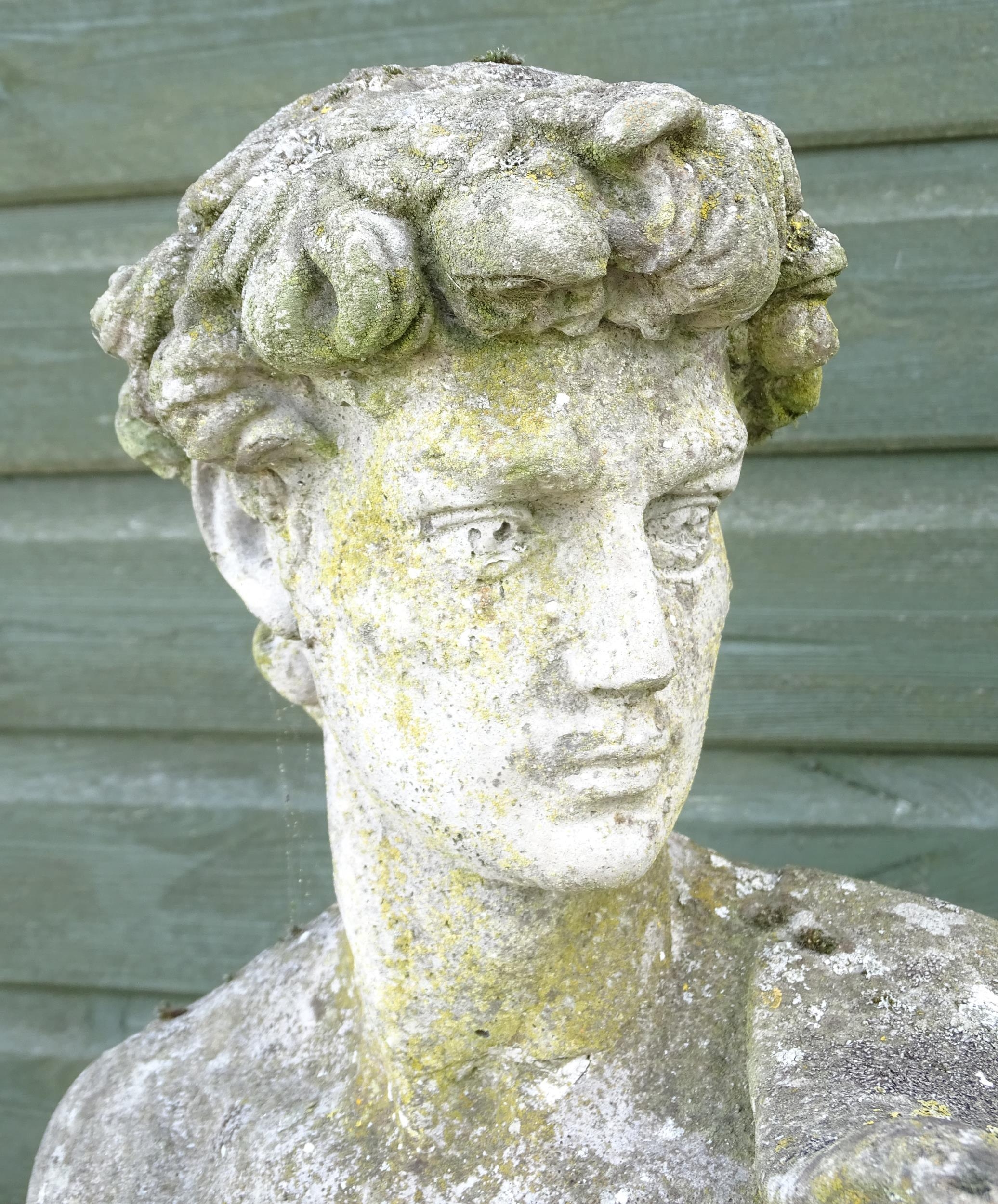 A 20thC composite stone garden statue of a Classical male figure, after Michelangelo's David. - Image 7 of 8