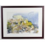 Late 20th century, Colour print, A view of a Mediterranean hilltop town. Indistinct facsimile