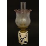 An early 20thC table oil lamp, with Mason's Ironstone hexagonal base (Mandarin pattern, partially