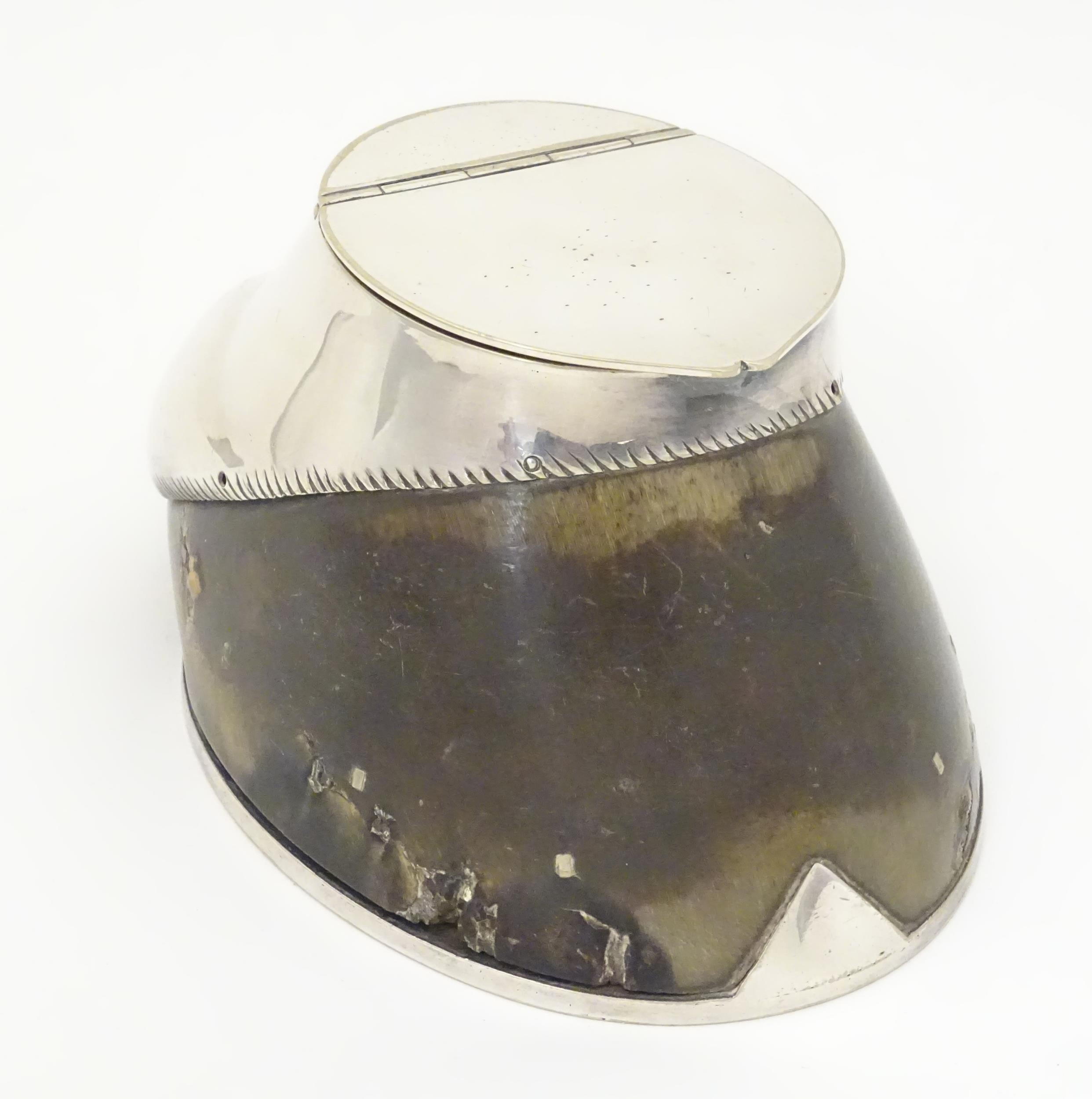 Taxidermy: A late 19thC / early 20thC inkwell formed from a horse hoof with silver plate mounts.