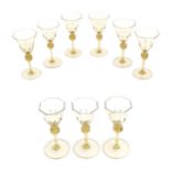 Nine assorted Salviati Venetian Renaissance Revival glass wine / liquor glasses, the octagonal bowls