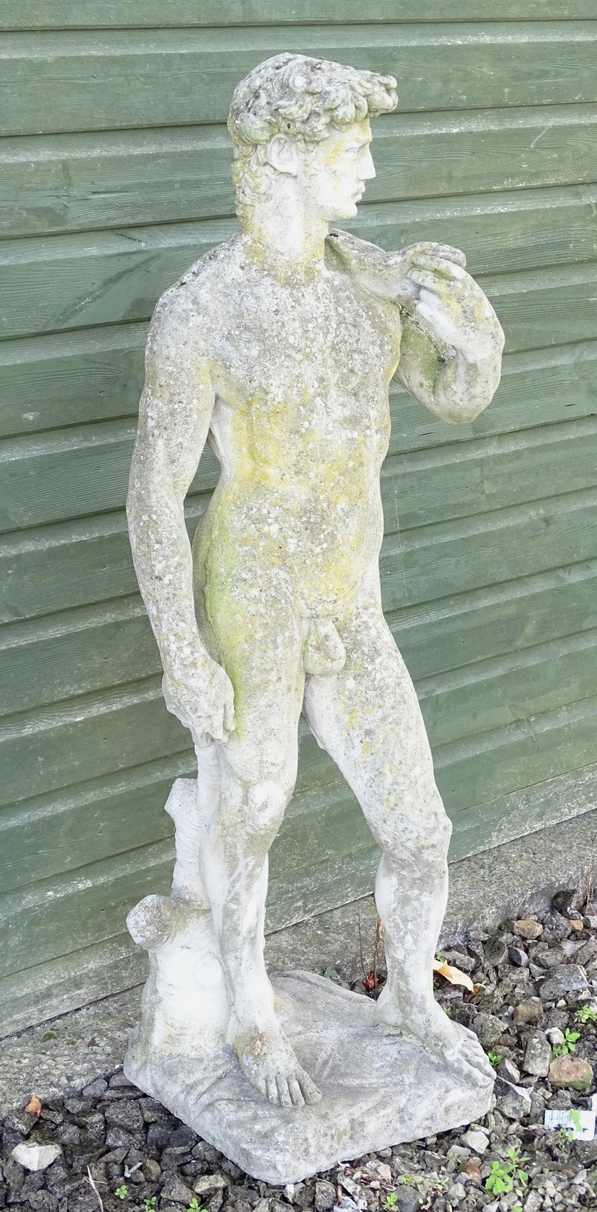 A 20thC composite stone garden statue of a Classical male figure, after Michelangelo's David. - Image 4 of 8