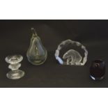 Four mid 20thC art glass items, comprising: a Geoffrey Baxter Whitefriars ruby glass pot, with