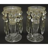A pair of late 19th / early 20thC cut glass table lustres with glass drop. Approx. 7 1/2" high (2)