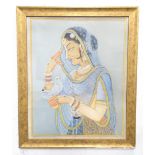 An Indian gouache depicting a portrait of Bani Thani holding a dove. Approx. 23" x 18 1/2" Please