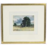 20th century, Oil on card, A landscape scene with cows grazing in a meadow, with a church spire in