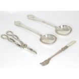 Silver plated wares comprising a pair of silver plate trefid spoons marked Finnigans, a pickle