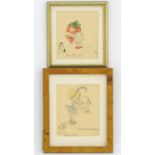 Two early 20th century watercolours comprising a cartoon illustration of a young girl wearing a