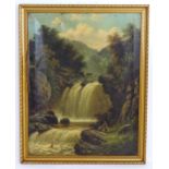 A. Taylor, 19th century, Oil on canvas, A wooded waterfall scene with a figure fishing. Signed lower