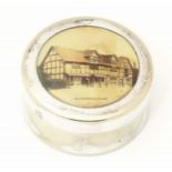 A silver plate pot and cover, the lid decorated with an image of Shakespeare's House. Approx. 2 1/4"