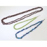 Three various bead necklaces to include one of turquoise coloured beads, another of garnet