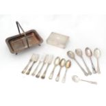 A quantity of silver plated wares to include cigarette box, basket and assorted flatware to