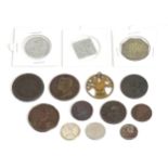 Assorted coins and medals, comprising a George IV Hibernia 1822 penny, George III cartwheel penny,