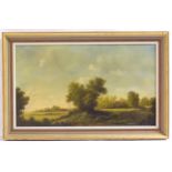 An oil on canvas depicting a country landscape with farm buildings and church beyond. Indistinctly