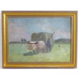 20th century, Continental School, Oil on card, Haymaking, Oxen pulling a hay cart through a field.
