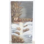 A late 20thC oil on canvas depicting a winter landscape with a river and cottage, by Laura