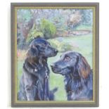 S. Beaumont, 20th century, English School, Oil on canvas, Two black retriever dogs in a garden.