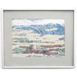 A collage with coloured paper depicting a seascape by Mary Patten (1935-1995). Approx. 6 1/4" x 8
