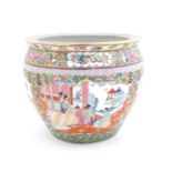 A Chinese planter / jardiniere with panelled decoration depicting figures in an interior scene