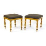 A pair of 19thC Scandinavian birch stools, the stools having upholstered tops and turned tapering