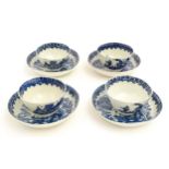 Four Caughley blue and white tea bowls and saucers decorated in the Fisherman pattern. Cups