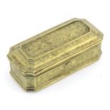 An Indian brass betel / pandan box / vettila chellam with engraved banded foliate decoration, and