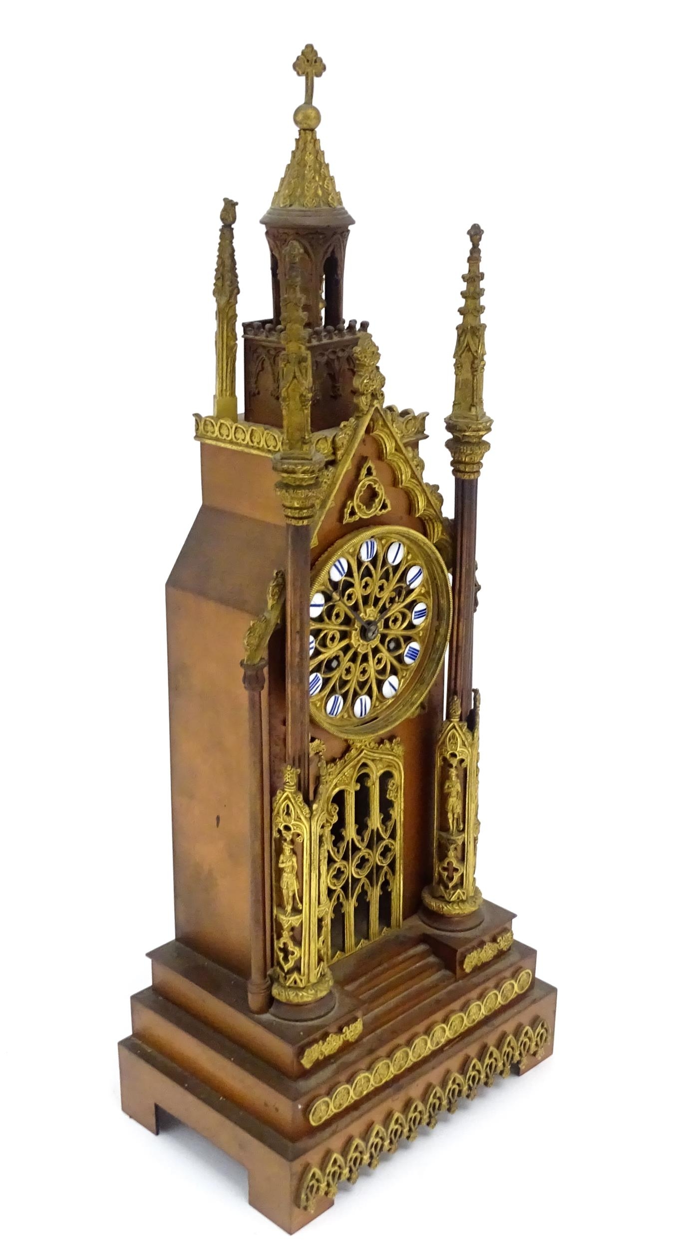 A French cathedral clock of gothic architectural design with ormolu mounts, having pointed finials - Image 4 of 16