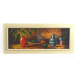 A. Bays, 20th century, Oil on canvas, A still life study with a jug, fruit, plant, etc. Signed lower