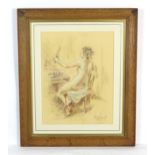 20th century, Pastel on paper, A seated nude holding a hand mirror in a bedroom interior.