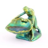 A Hungarian Zsolnay Pecs green eosin / lustre glazed bon bon dish with shell formed bowl and nude