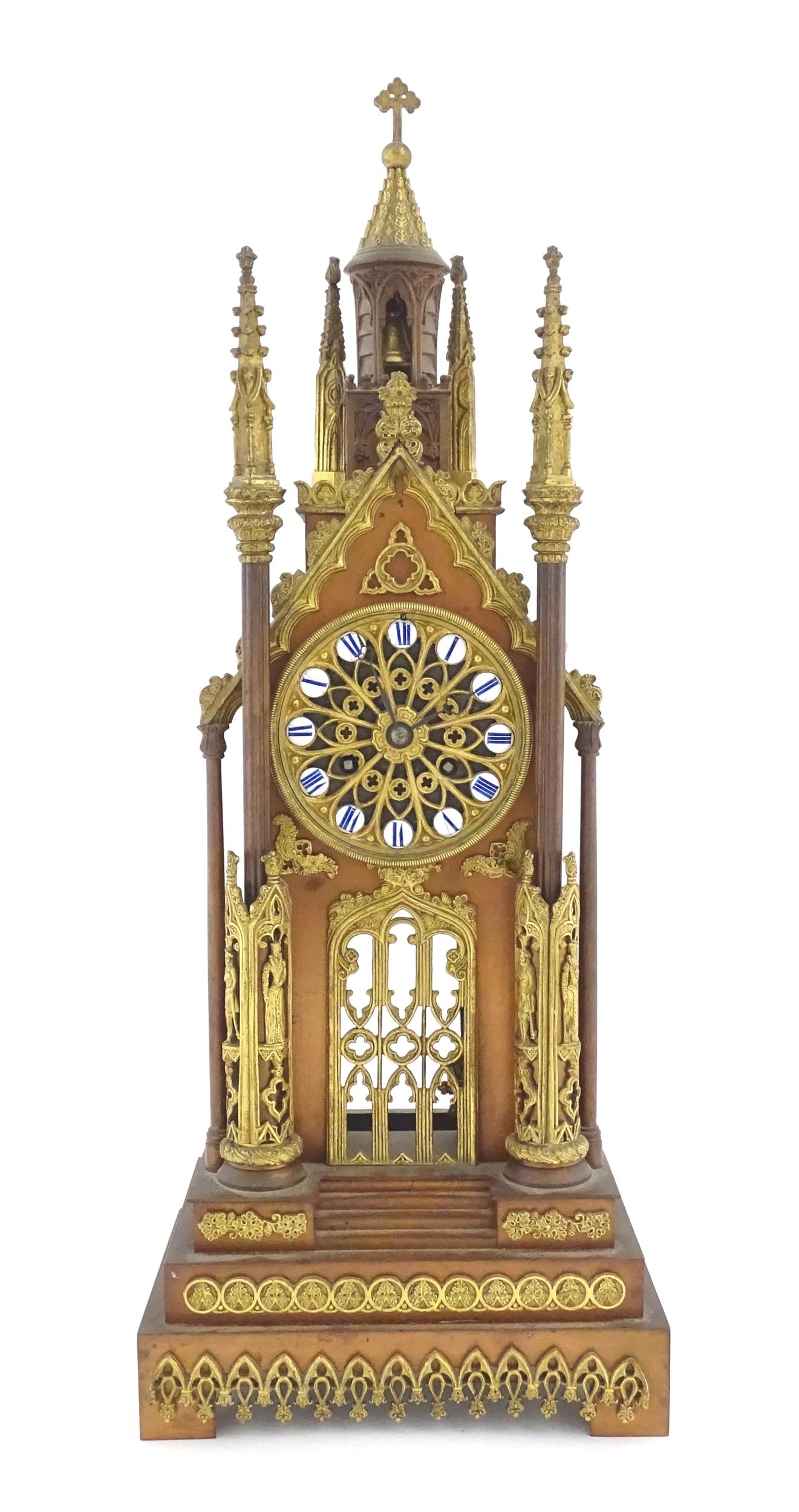 A French cathedral clock of gothic architectural design with ormolu mounts, having pointed finials - Image 11 of 16