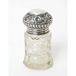 A cut glass salts jar with silver lid, hallmarked London 1906, maker M. Bros. Approx. 3 1/2" high