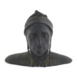 An early 20thC cast bronze portrait bust of Dante Alighieri, titled Dantes lower. Approx. 12 1/2"