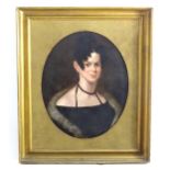 19th century, English School, Oil on canvas, A portrait of a lady wearing a black dress, fur stole