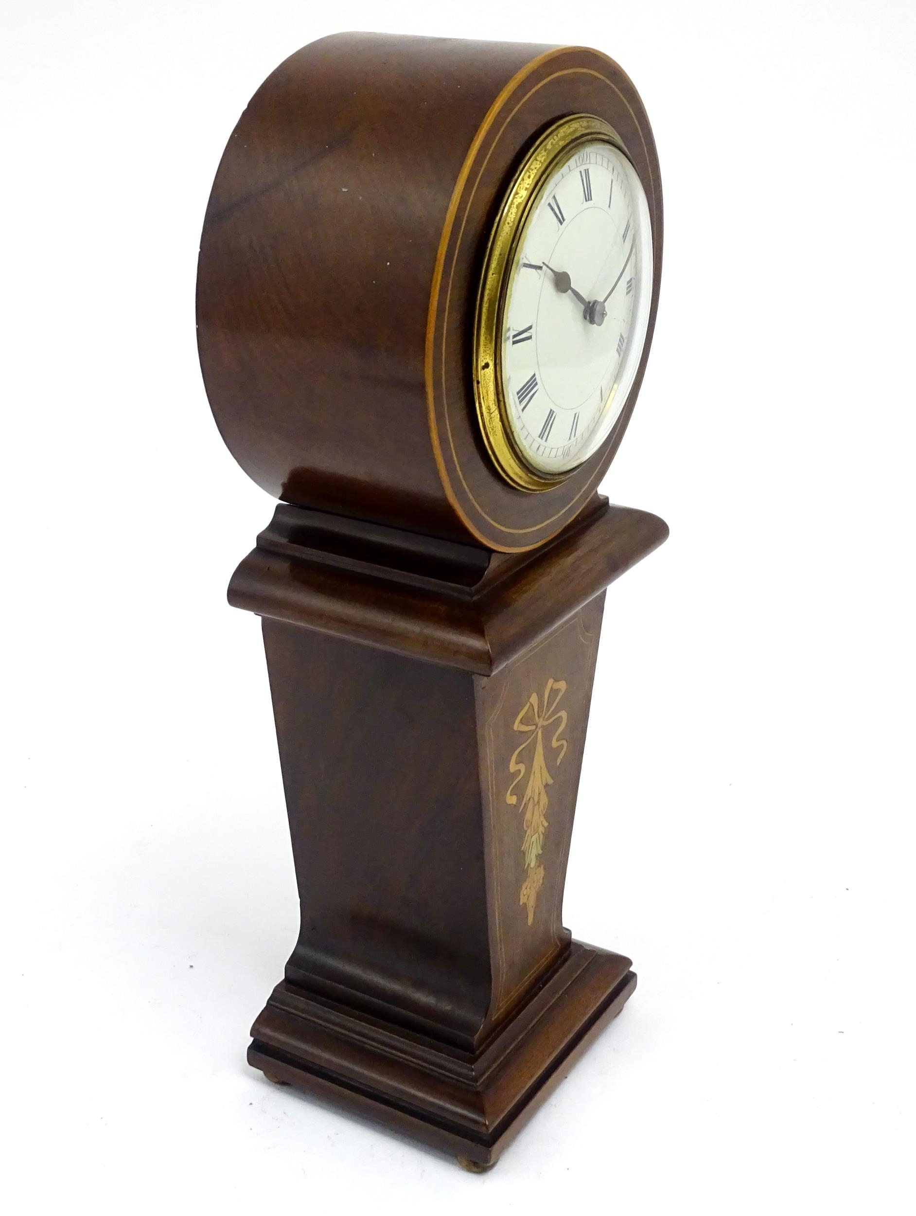 A mahogany mantle clock with inlaid detail and white enamel dial with movement by Duverdrey & - Image 3 of 9