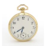 A 9ct gold cased pocket watch with 16 jewel movement, the silvered dial with Arabic numerals and