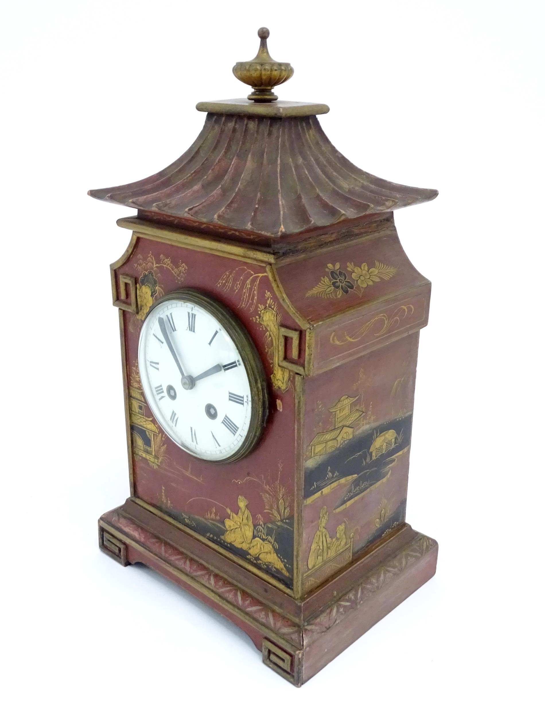A French Chinoiserie mantle clock the white enamel dial with 8-day movement striking on a gong. - Image 3 of 15