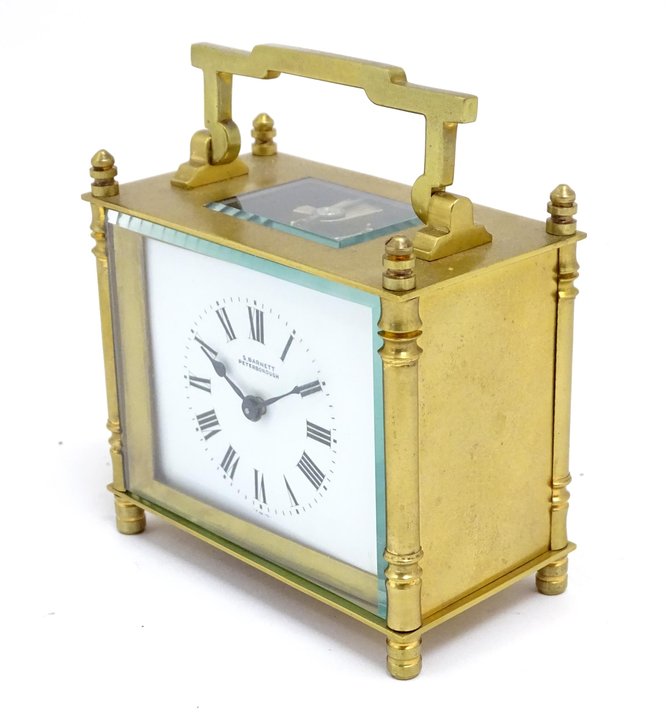 A French brass cased carriage clock with white enamel dial signed ' S Barnett Peterborough ' the - Image 3 of 9