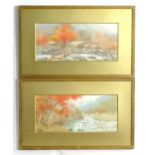 Kondo, 20th century, Japanese School, Watercolours, A pair of river scenes with autumnal trees,