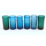 Assorted vintage retro art glass drinking glasses of cylindrical form with banded detail. Tallest